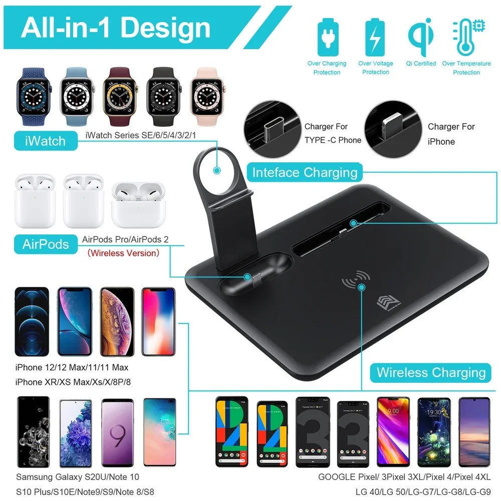 15W Fast Wireless Charger Stand For iPhone 11 12 4 in 1 Dock