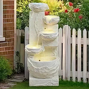 31.89" Outdoor Garden Water Fountain with Lights 4 Tiers Cascading Large Waterfall Floor Standing Fountain for Patio, Backyard,