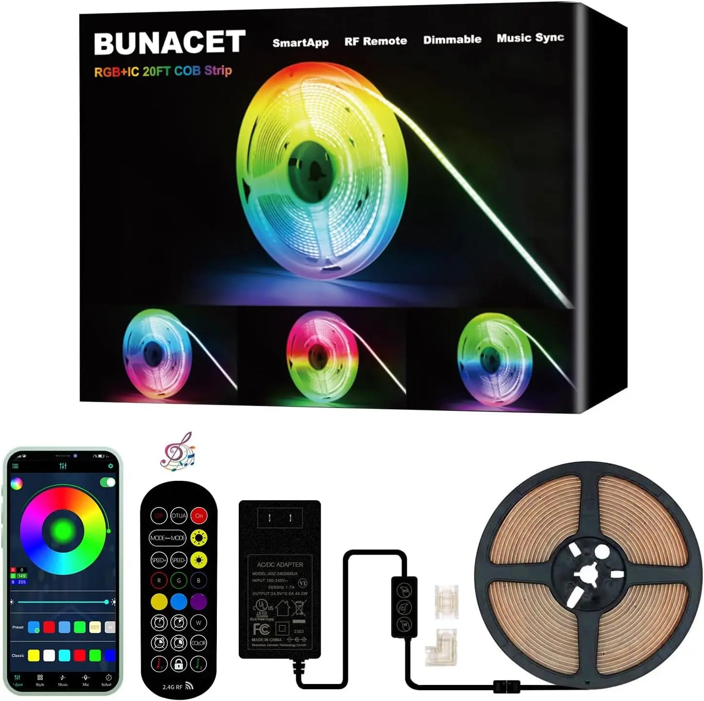 LED Strip Lights COB RGBIC 24V 6M/12M RGB LED Lights for Bedroom with RF Remote Smart Bluetooth APP Music Sync Strip Lights