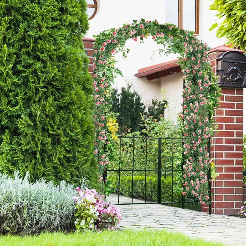 7.5Ft Garden Arbor with Gate Metal Garden Arch with Trellis for Climbing Plants Roses, Vines, Outdoor Garden Archway for Wedding