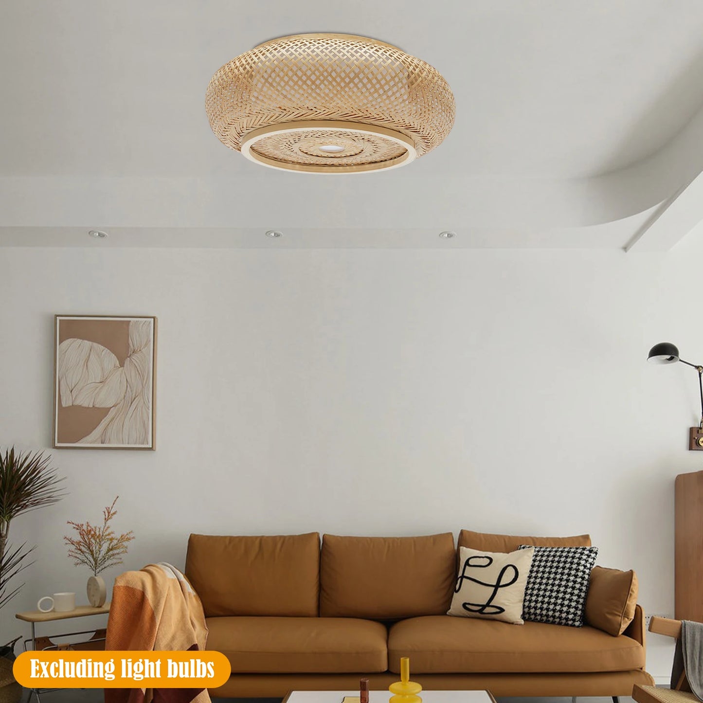 Bamboo Flush Mount Ceiling Light Rustic Rattan Ceiling Fixture Hanging Lamp Flush Mount Ceiling Light 110V 3*E26 Bulbs