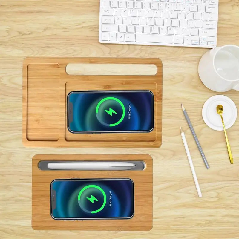 10W Wireless Charger Pad Stand Desktop Wooden Tray Holder