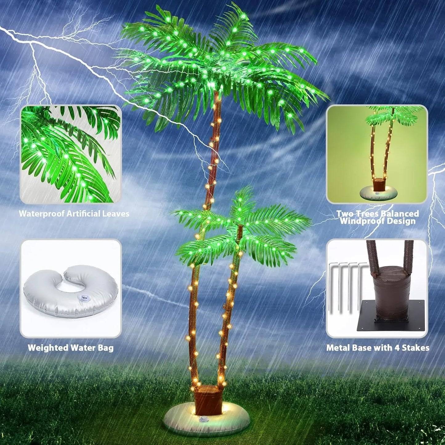 Solar-Powered LED Artificial Palm Trees for Outdoor Pool/Patio/Bar - Tropical & Christmas Party Decor Lights