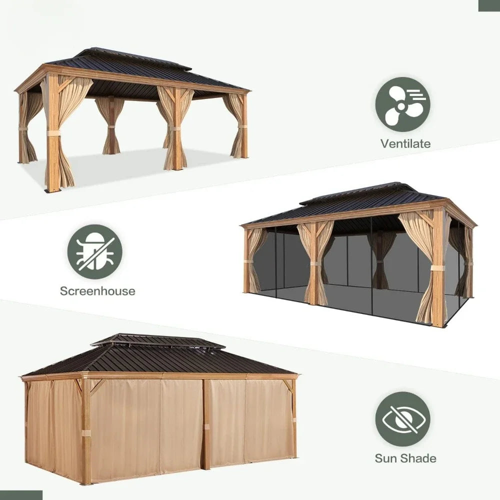 12x20 Gazebo, Hardtop Wood-Looking Gazebo with Curtains