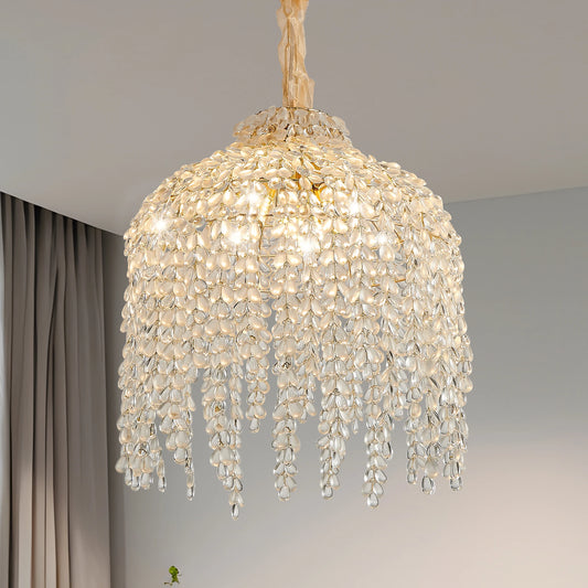 16 Inch 5-Light Crystal Pendant Light Chandelier Waterfall Design with Grape-Shaped Crystal Bead Strings & Gold Finish (No Bulb)