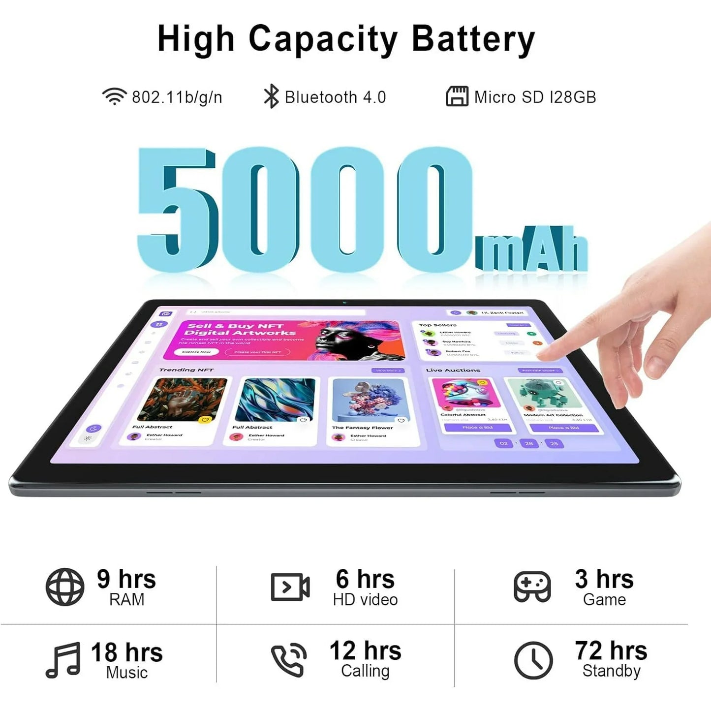 BESTSKI 10.1 inch Tablet, 6GB(4+2) RAM, 64GB ROM, 128GB Expand, 5000mAh, 1280x800 HD Touch Screen, 5MP+8MP Dual Camera (Silver)