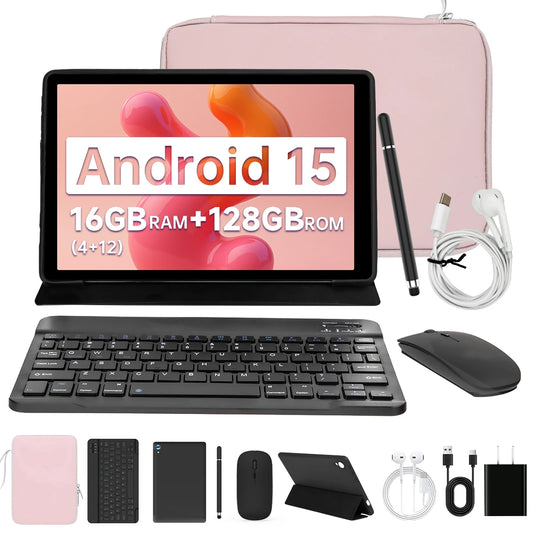 C108 10.1 Inch Android 14 Tablet Octa-Core 16GB plus 128GB Wireless Keyboard Headphones Stylus Pen Bag Included