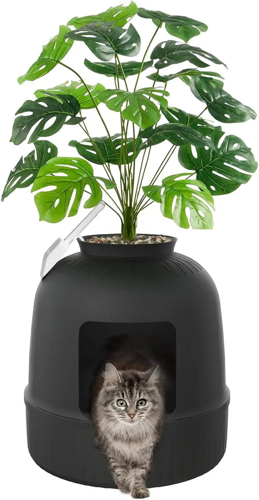 Litter Box Cat with Faux Plant & Scoop, Hidden Enclosure Litter Tray with Odor Control & Carbon Filter