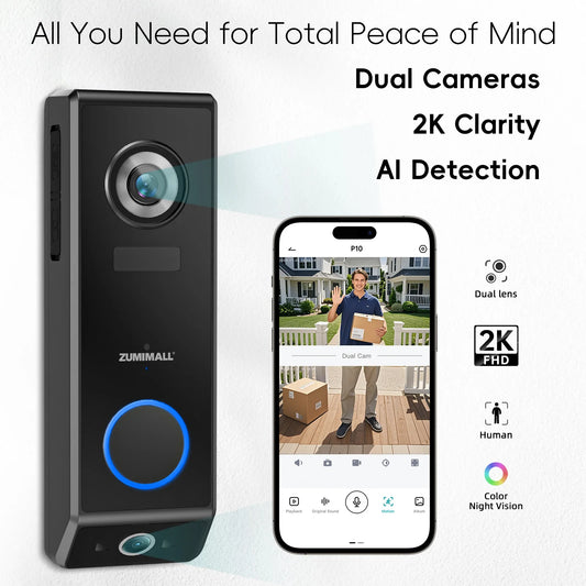 ZUMIMALL Dual Lens video Battery /wired power Doorbell Wireless with Chime, 2 Way Audio, Voice Changer