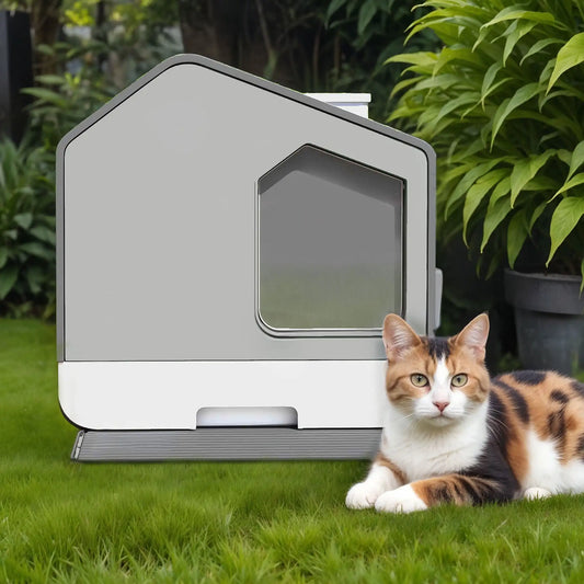 Enclosed Cat Litter Box,with Odor-Free Enclosed Hooded Easy to Clean,with Mat and Scoop,Gray