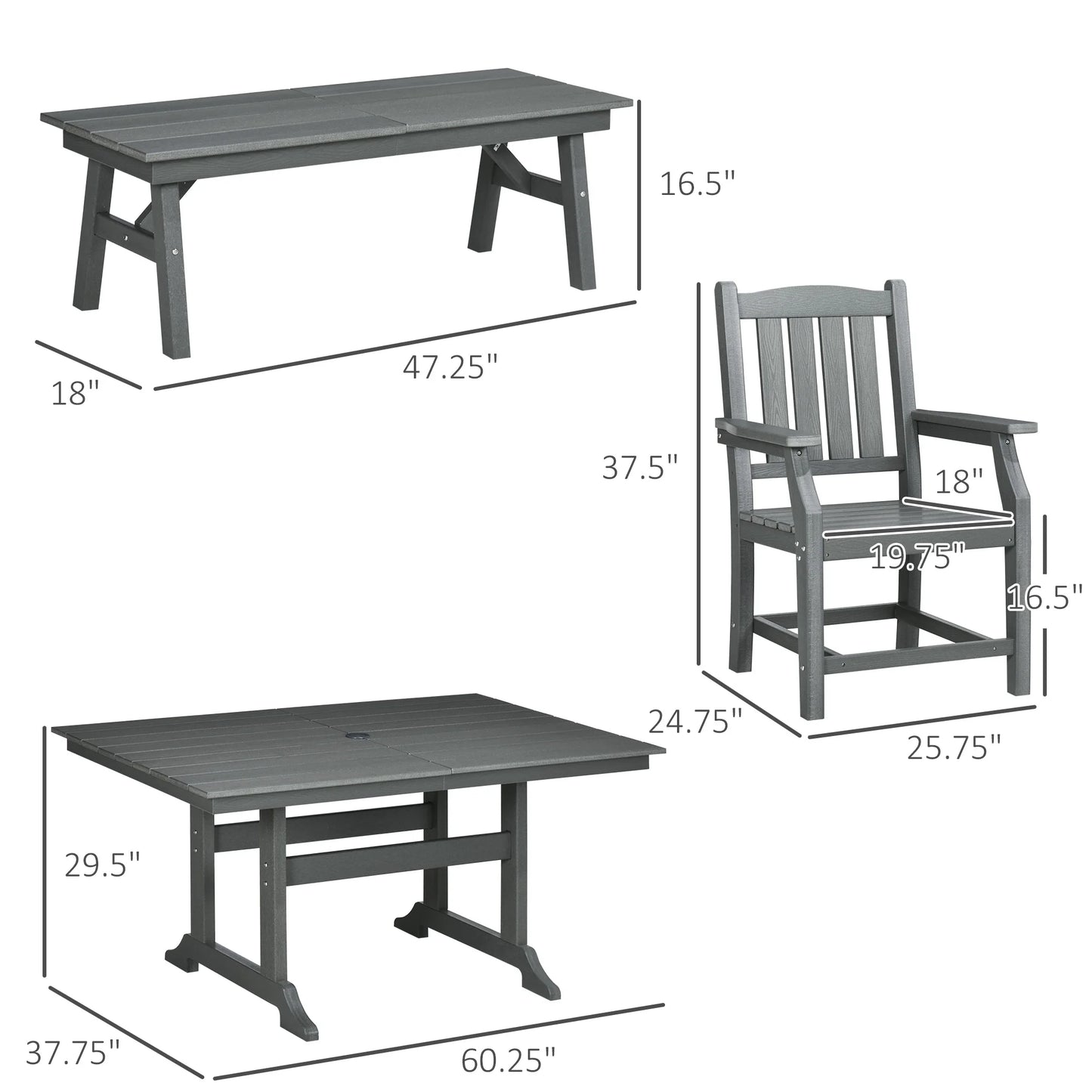 Outsunny 6 Pieces Patio Dining Set with Umbrella Hole, Cushions, Gray