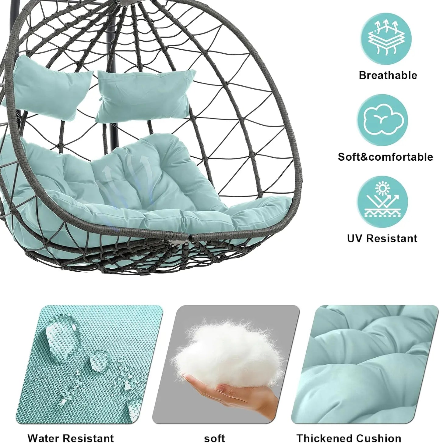 2 Person Double Egg Swing Chair with Stand Indoor Outdoor, Hammock Swing Chair Foldable Hanging Chair, Patio Wicker