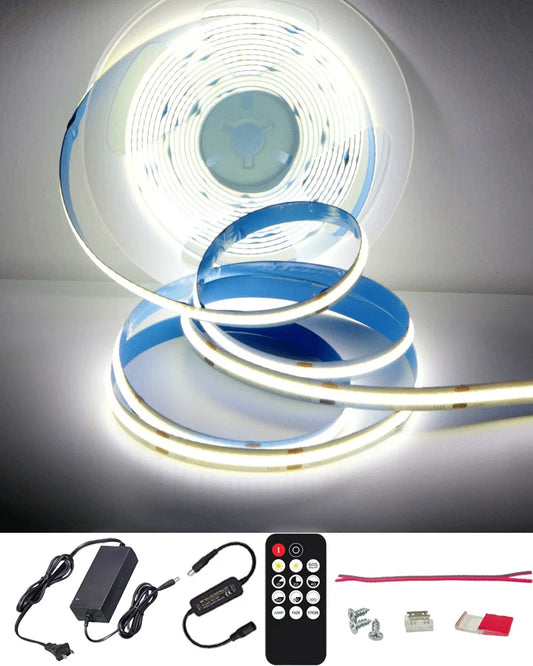 ETL Listed 50ft/15m COB LED Strip Lights 6500K White with RF Remote for Bedroom Cabinet Home Indoor(Power supply included)