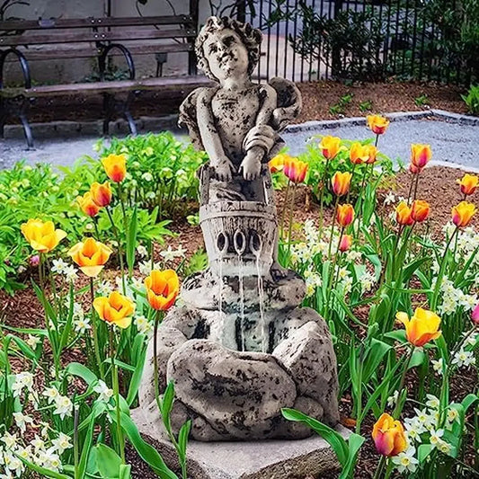 LED Lighted Outdoor Water Fountain Cherub Angel Design Polyresin Material Garden Decor 10.25" x 15" x 24