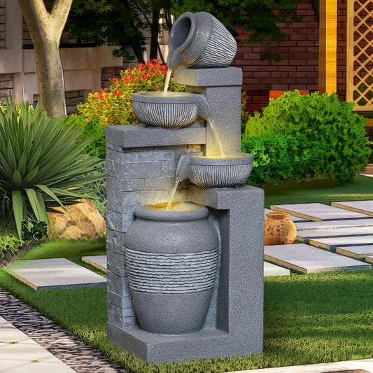31.89" Outdoor Garden Water Fountain with Lights 4 Tiers Cascading Large Waterfall Floor Standing Fountain for Patio, Backyard,