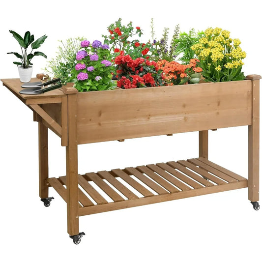 55"x 24" x 33" Elevated Wood Planter Box for Backyard Balcony Patio , Garden Flower Beds with Drainage Holes & Storage Shelf