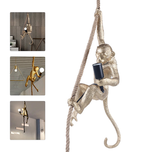 Monkey Pendant Lamp Monkey Shaped Ceiling Lamp Hemp Rope Chandelier Creative Resin Light for Home Office Bedroom Décor