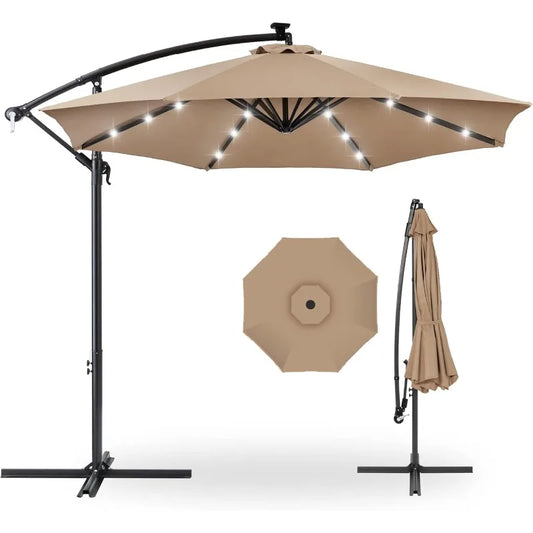 10-foot solar LED offset hanging market yard umbrella for backyard, pool side, with easy tilt adjustment, polyester shade