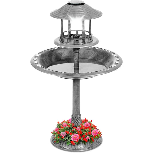 Outdoor Bird Bath Vintage Resin Pedestal Fountain Decoration for Yard, Garden w/Planter Base, Feeder, Bird Baths