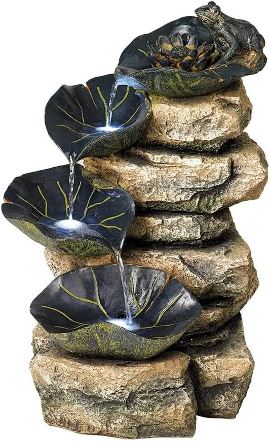 Frog and Four Lily Pad Rustic Outdoor Fountain 21 Inch High