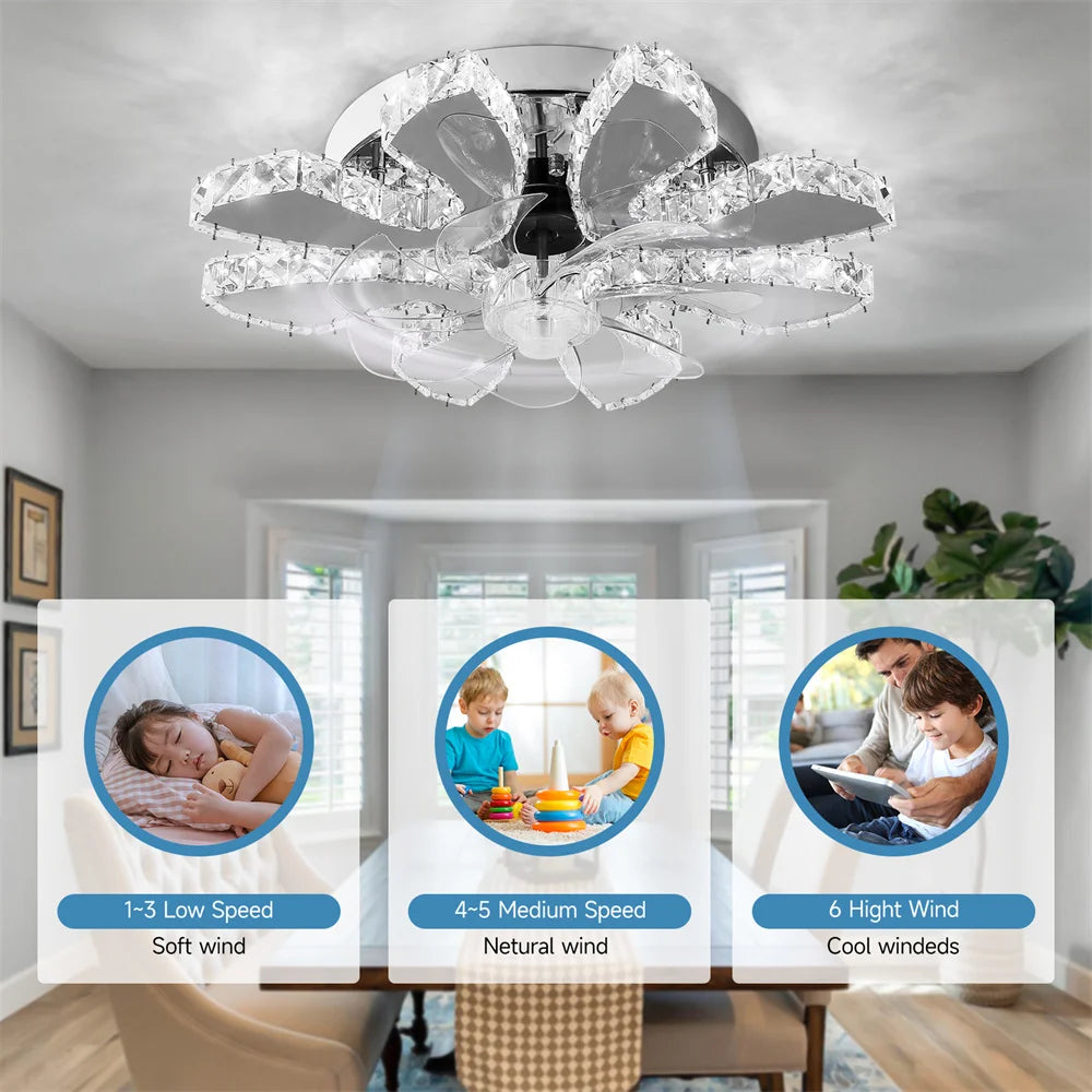 Luxury Crystal Ceiling Fan Lamp Led APP Remote Control Invisible Blade Variable Ceiling Chandelier Lamp For Bedroom Living Room