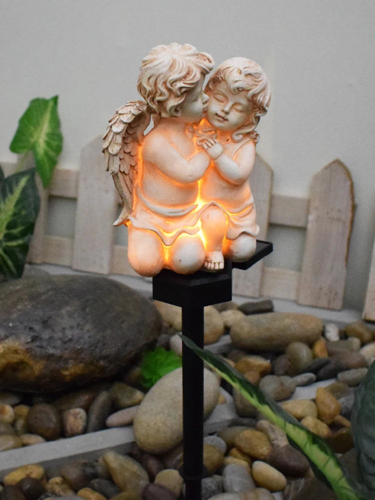 Resin Angel Solar Light Waterproof Crafts Yard Landscape Lamp Wings Angel Garden Solar Sculpture for Garden Balcony Yard