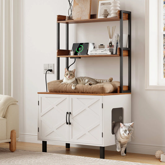 55 Inches Cat Litter Box Enclosure with 2 Storage Shelves and Charging Sockets,  Hidden Litter Box Furniture, Wooden Cat House