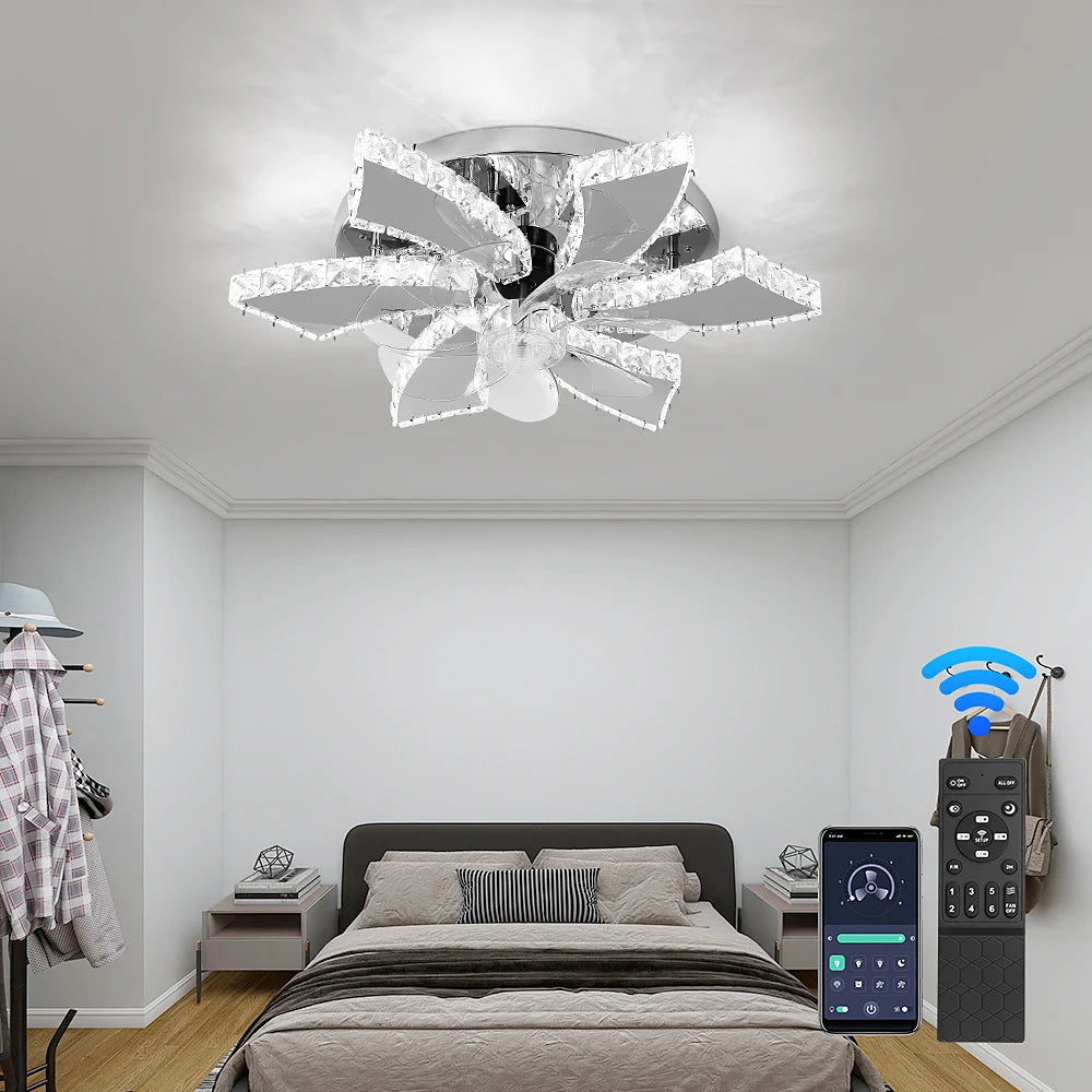 Luxury Crystal Ceiling Fan Lamp Led APP Remote Control Invisible Blade Variable Ceiling Chandelier Lamp For Bedroom Living Room