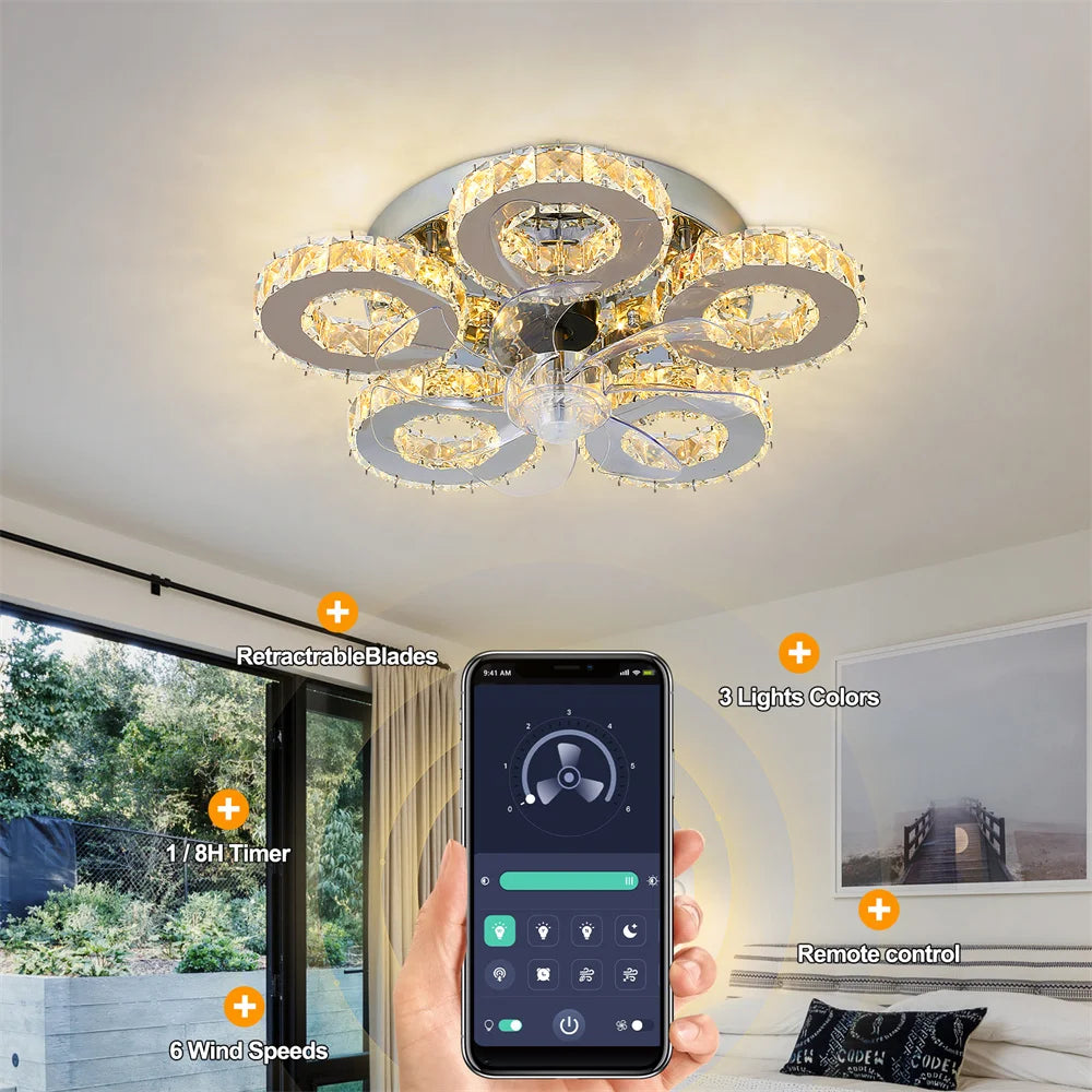 Luxury Crystal Ceiling Fan Lamp Led APP Remote Control Invisible Blade Variable Ceiling Chandelier Lamp For Bedroom Living Room