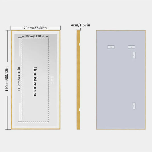 Large LED Bathroom Mirror Rectangular Wall Vanity Mirror with Colour Illuminated Dimmable Antifog Golden Frame IP56 Rated 1400mm