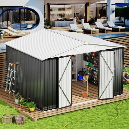 12x10 FT Outdoor Storage Shed, Garden Shed with Updated Frame Structure and Lockable Doors, White