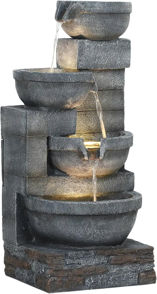 30" Tall Outdoor Waterfall Fountain with LED Lights, 4-Tier Resin Cascading Water Bowls with Pump, Gray
