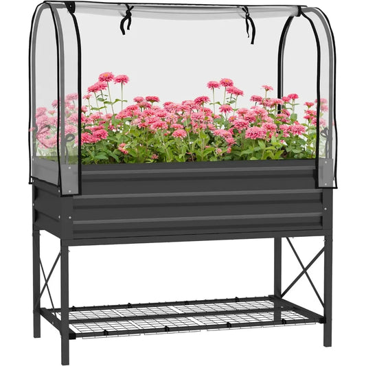 Outsunny Raised Garden Bed with Cover and Storage Shelf, Rectangular Metal Elevated Planter Box with Legs and Bed Liner