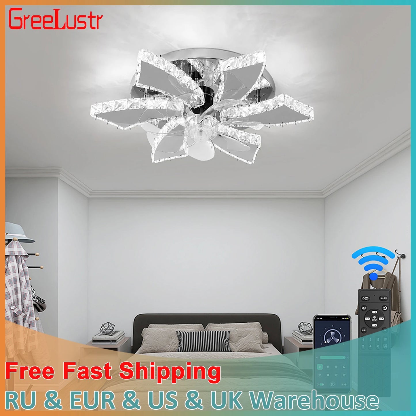 Luxury Crystal Ceiling Fan Lamp Led APP Remote Control Invisible Blade Variable Ceiling Chandelier Lamp For Bedroom Living Room
