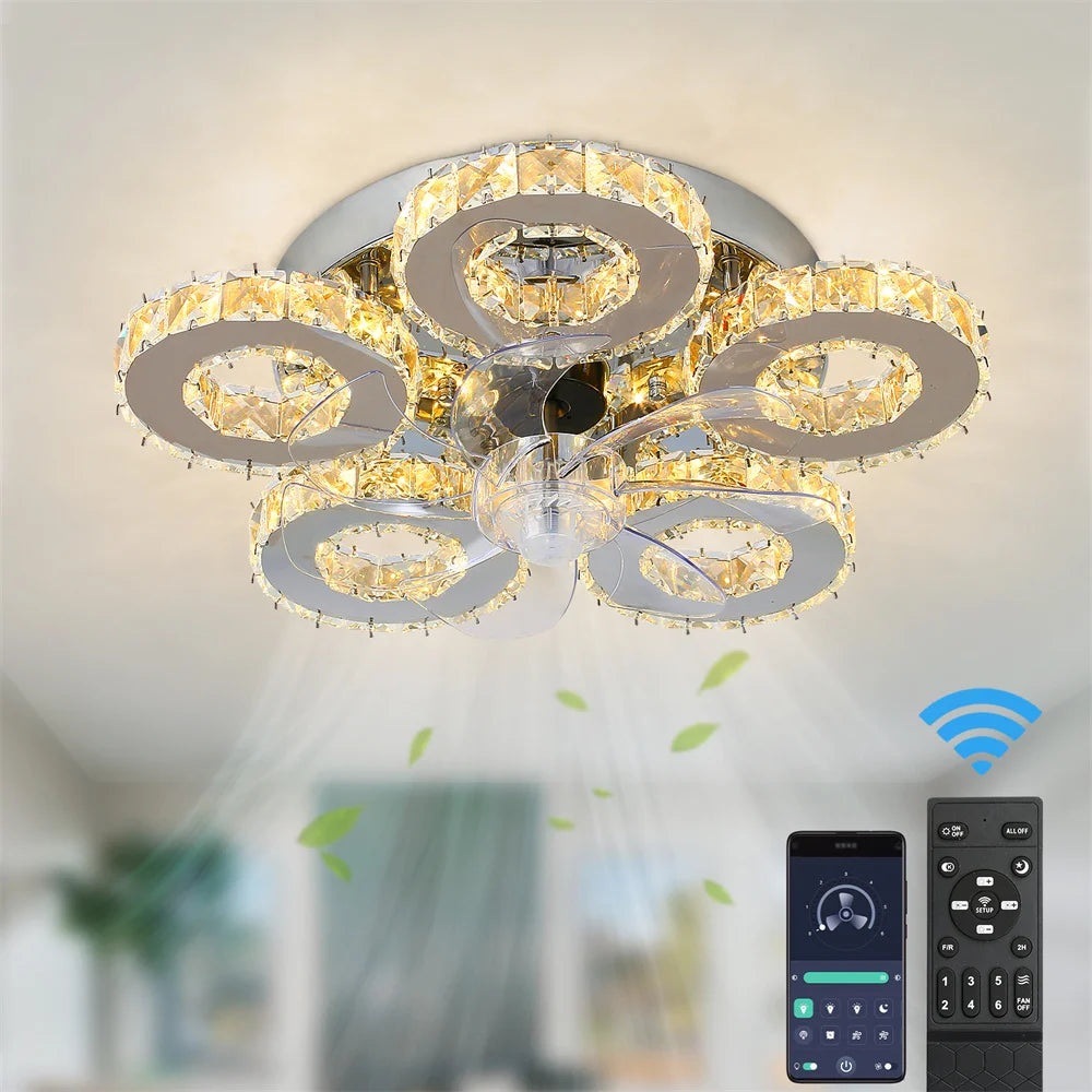 Luxury Crystal Ceiling Fan Lamp Led APP Remote Control Invisible Blade Variable Ceiling Chandelier Lamp For Bedroom Living Room