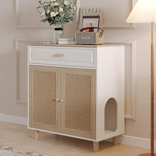 Cat Litter Box Enclosure Furniture Hidden Indoor 2-in-1 Wooden Cat House & Washroom Cabinet w/ Scratching Board Doors and Drawer