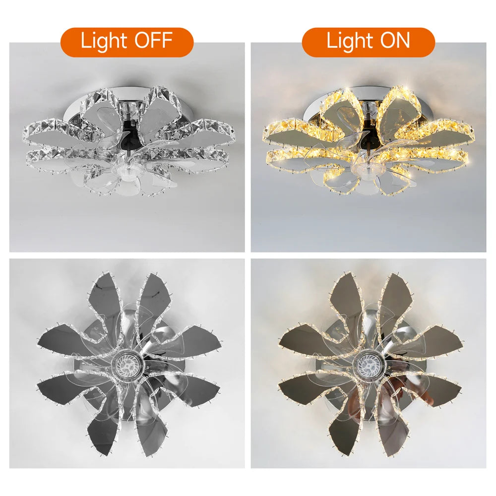 Luxury Crystal Ceiling Fan Lamp Led APP Remote Control Invisible Blade Variable Ceiling Chandelier Lamp For Bedroom Living Room