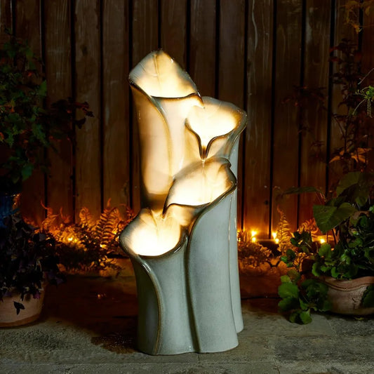 31.25" H Outdoor Water Fountain with LED Lights and Pump, 4 Tier Sand Beige Lotus Leaf Textured Ceramic Floor Standing Fountain
