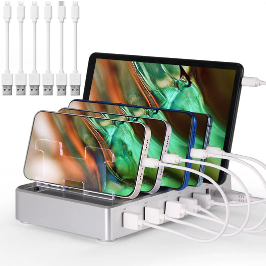 6 Port Multi USB Charging Station for Multiple Devices Designed for iPhone iPad Cell Phone Tablets (White, 6 Mixed Short Cables