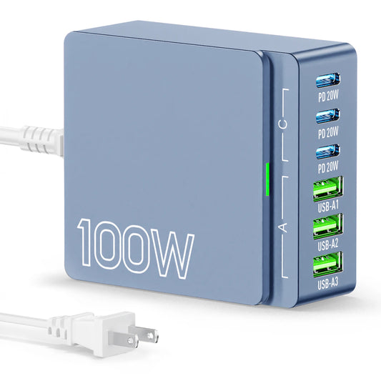 100W 6-Port GaN Fast Charging Hub - PD 3.0 Type C and USB A Charging Case - For Cell Phones, Tablets, and Laptops - Blue