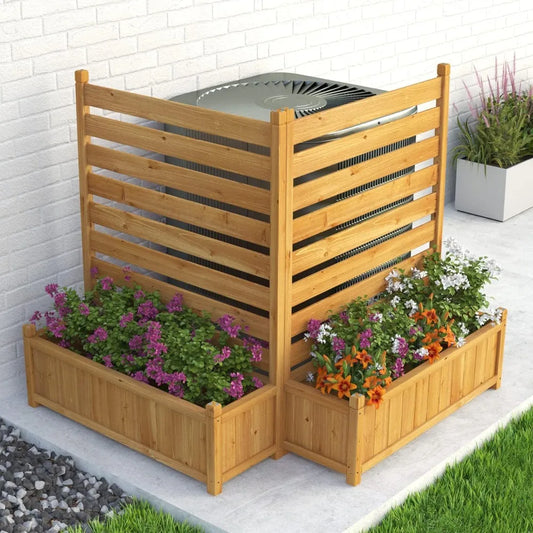 Air Conditioner Fence Outdoor Wood Privacy Screen with Planter Box for Trash Can Pool Equipment No-Dig Kit 36"W x 45"H 2 Panels）