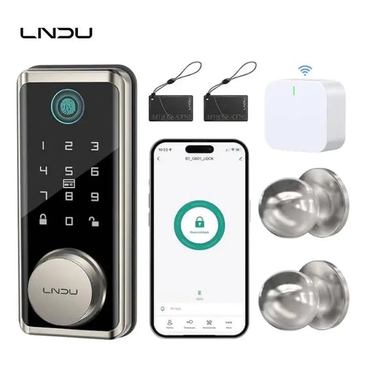 LNDU Smart Lock G601N 2.4GHz WiFi Keyless Entry Smart Door Lock with Handle Set 360° Live Fingerprint Fob Unlock Home Security