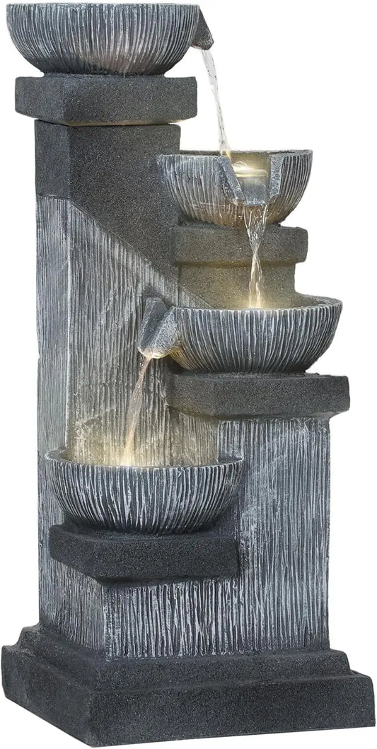 33.5" Tall Outdoor Water Fountain,4-Tier Floor Standing Resin Cascading Bowls Waterfall Fountain with LED Lights,Pump for Garden