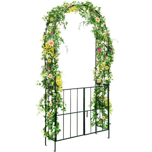 7.5Ft Garden Arbor with Gate Metal Garden Arch with Trellis for Climbing Plants Roses, Vines, Outdoor Garden Archway for Wedding