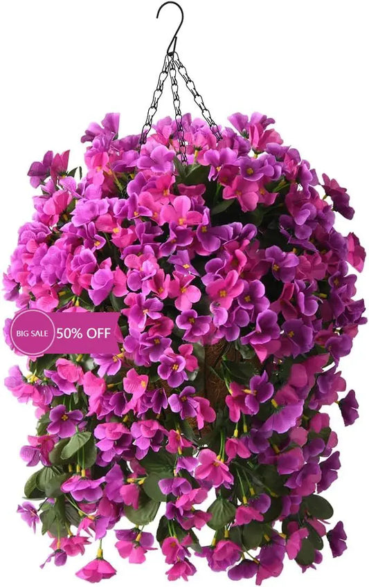INQC  Artificial Fake Hanging Plants Flowers Basket for Summer Outdoor Outside Decoration,Faux Silk Begonia Flower in Planter