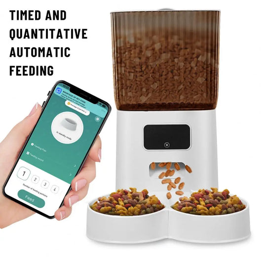 Smart Pet Feeder with Dual Bowls WiFi APP Control 5L Storage