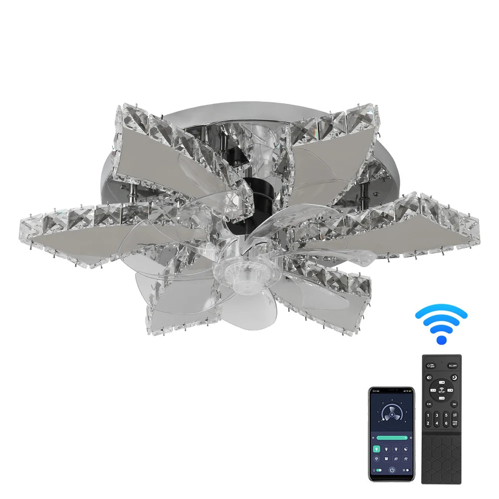 Luxury Crystal Ceiling Fan Lamp Led APP Remote Control Invisible Blade Variable Ceiling Chandelier Lamp For Bedroom Living Room