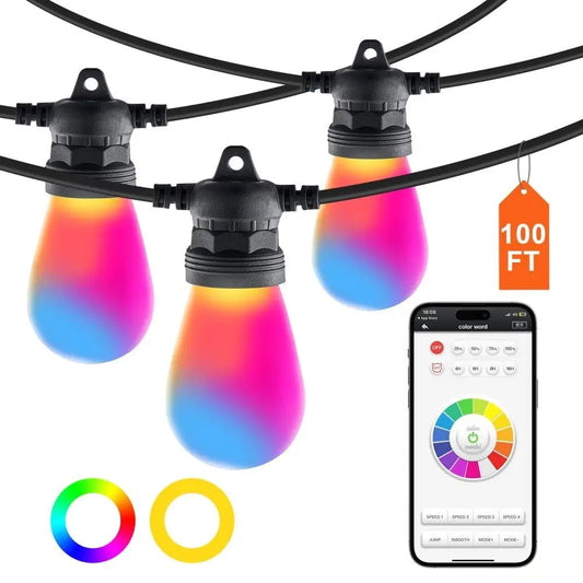 100FT RGB Outdoor String Lights Waterproof APP Controlled Patio Lighting