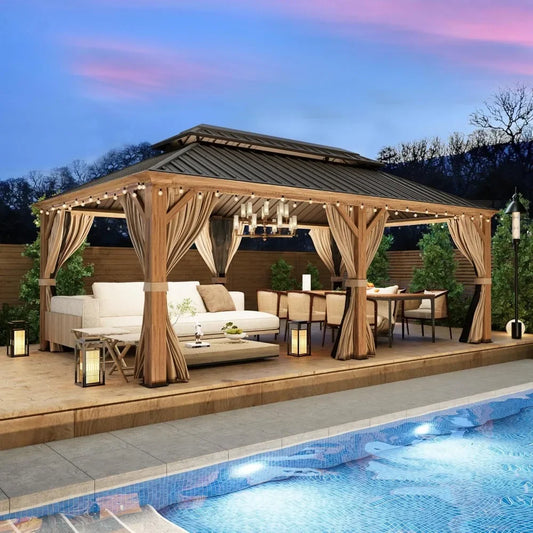 12x20 Gazebo, Hardtop Wood-Looking Gazebo with Curtains