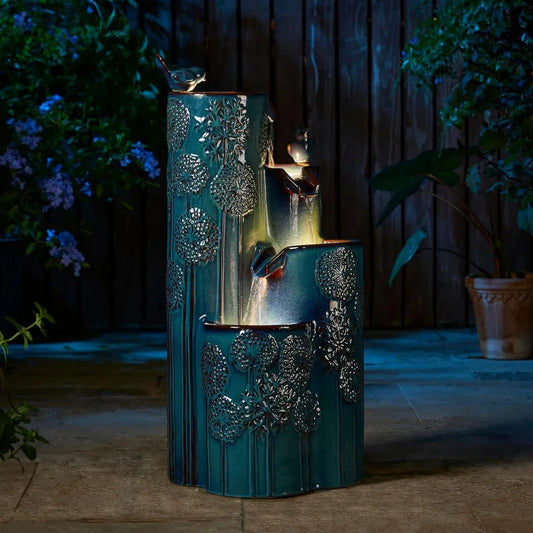 31.75" H Outdoor Water Fountain with LED Lights and Pump, 4 Tier Dandelion Texture Vase Shaped Ceramic Floor Standing Fountain